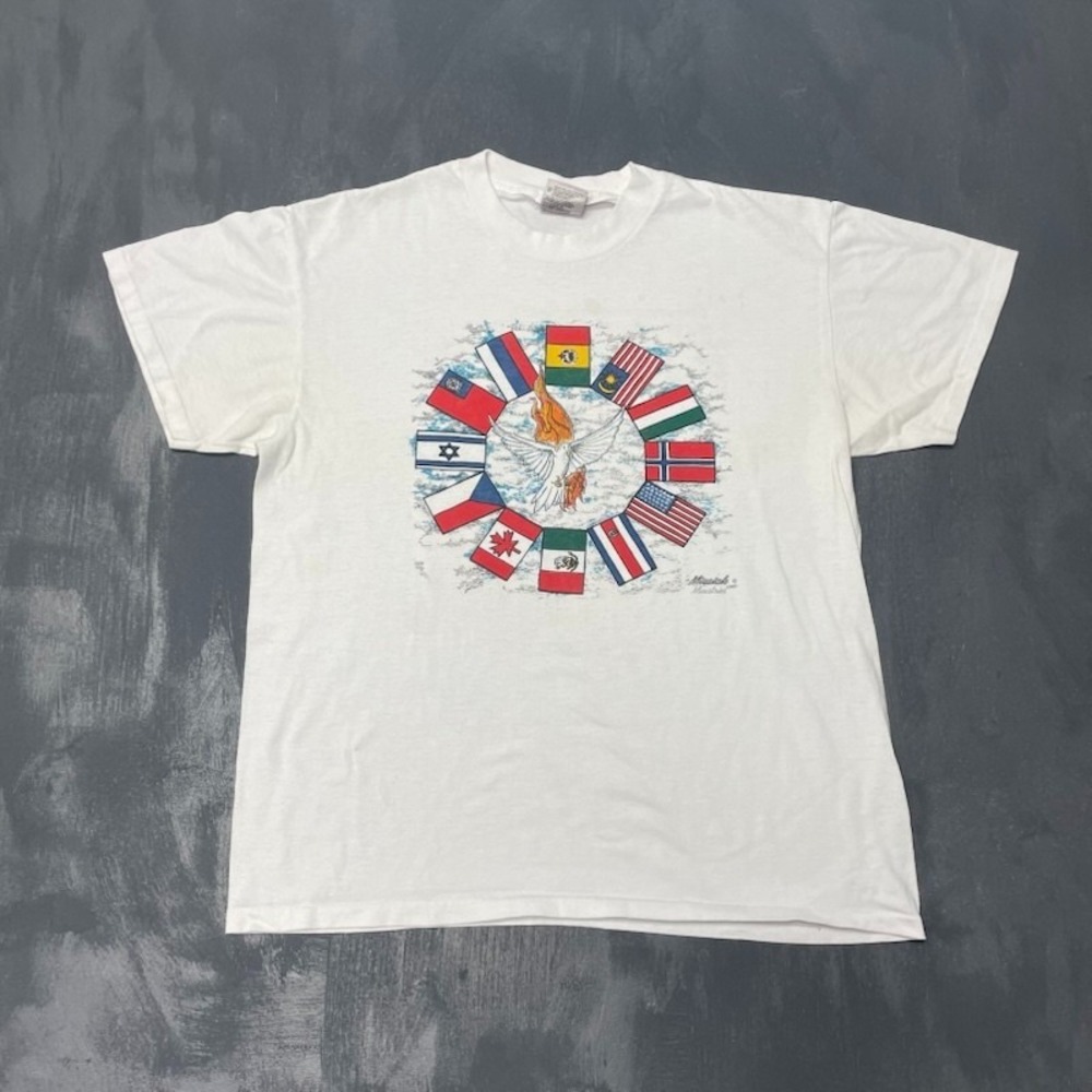 Vintage United flags of the world christian shirt men large white 1990s Acts 1:8